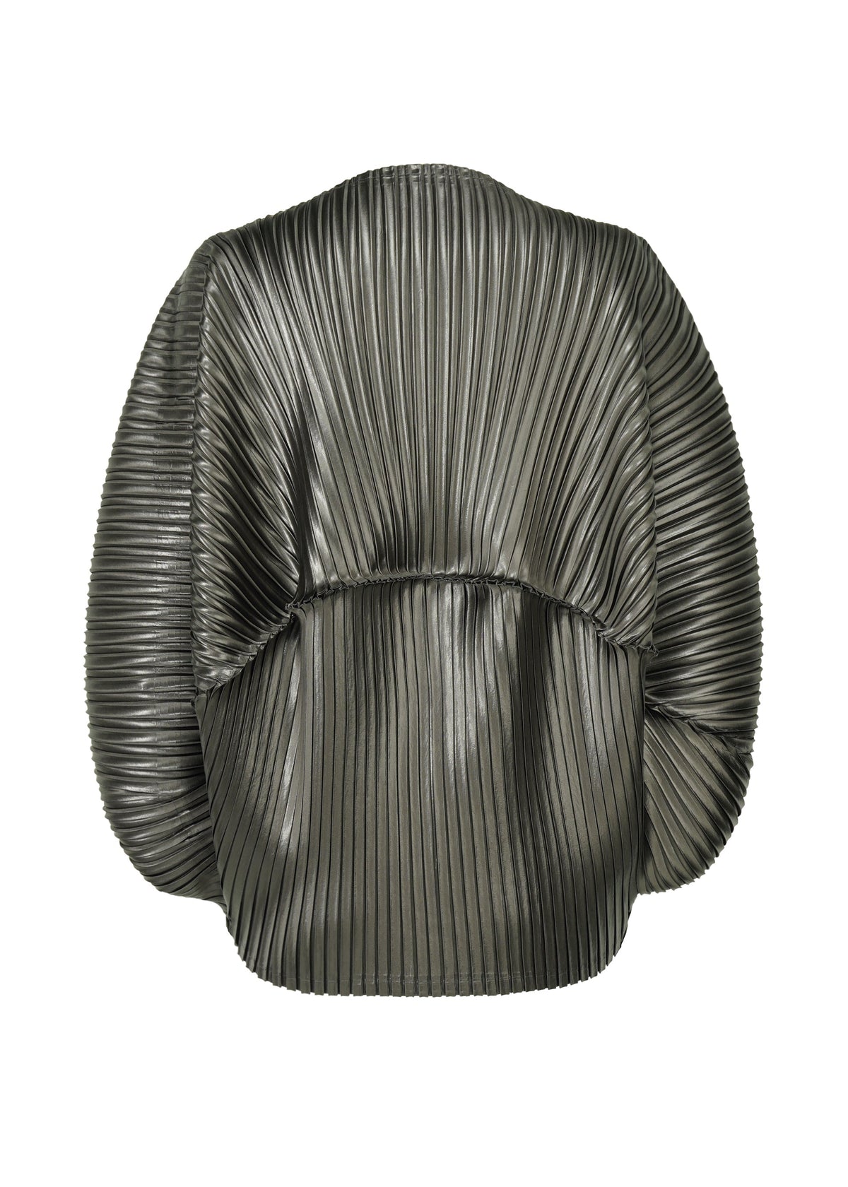 A detail shot of the ISSEY MIYAKE GLOSSED METAL PLEATS shirt.