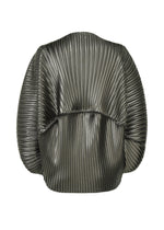 A detail shot of the ISSEY MIYAKE GLOSSED METAL PLEATS shirt.