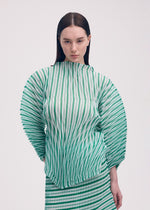 A model wears the ISSEY MIYAKE GENERIC STRIPES (HAND PLEATS) clothing.