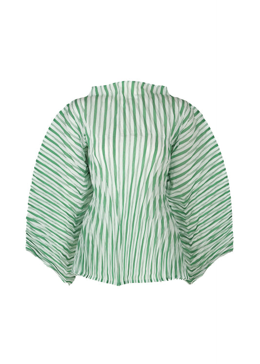 A product shot of the ISSEY MIYAKE GENERIC STRIPES (HAND PLEATS) clothing in green-hued (66).