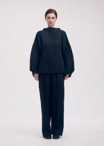 A model wears the ISSEY MIYAKE WAVE PLEATS shirt.
