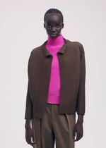 A model wears the ISSEY MIYAKE WOOLY PLEATS 58 shirt.