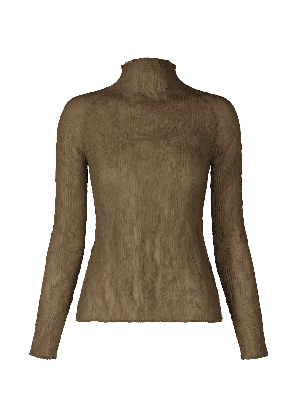 A product shot of the ISSEY MIYAKE CHIFFON TWIST 1 top in dark brown.