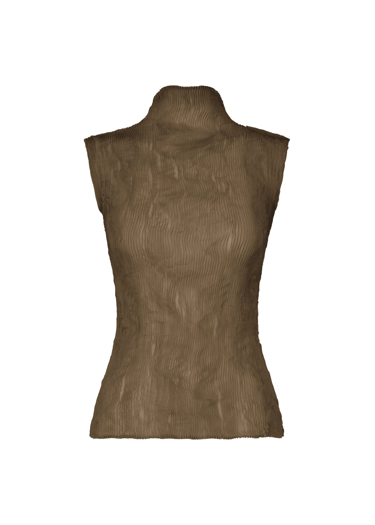 A product shot of the ISSEY MIYAKE CHIFFON TWIST 1 top in dark brown.