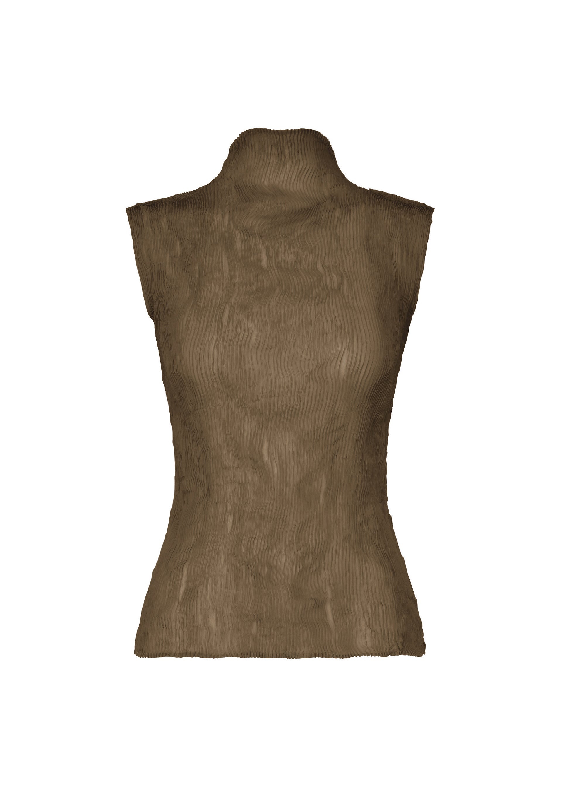 A product shot of the ISSEY MIYAKE CHIFFON TWIST 1 top in dark brown.