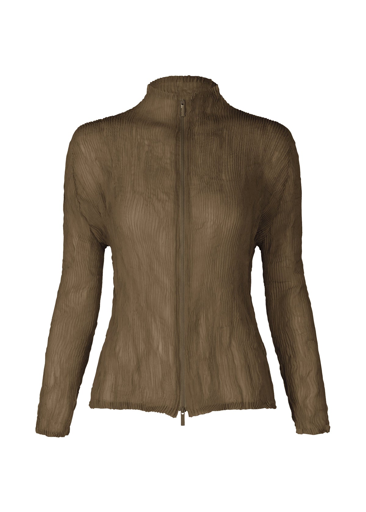 A product shot of the ISSEY MIYAKE CHIFFON TWIST 1 top in dark brown.
