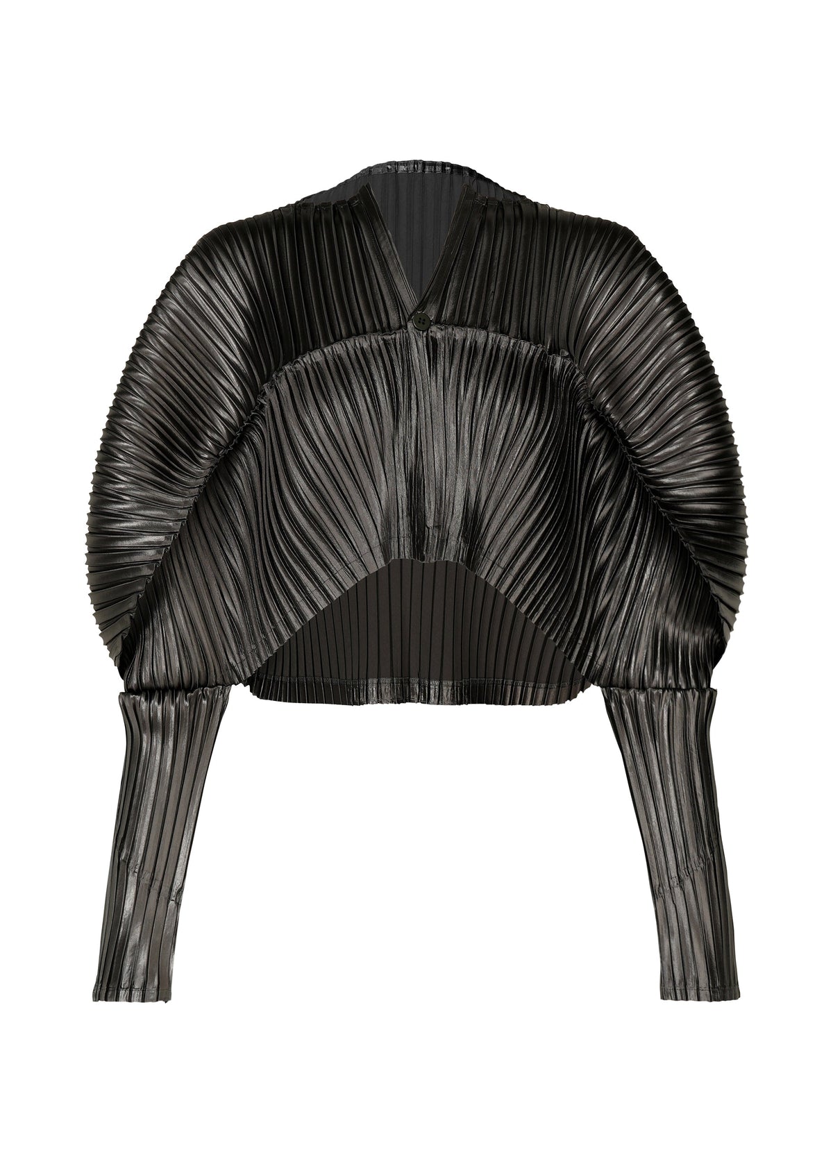 A product shot of the ISSEY MIYAKE GLOSSED METAL PLEATS cardigan in black (15).