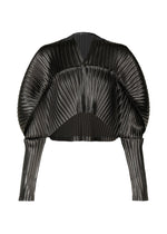A product shot of the ISSEY MIYAKE GLOSSED METAL PLEATS cardigan in black (15).
