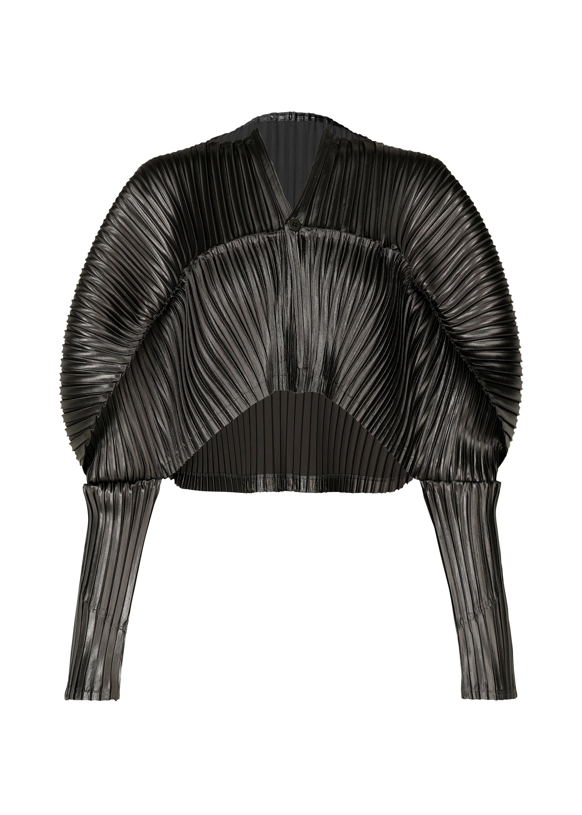 A product shot of the ISSEY MIYAKE GLOSSED METAL PLEATS cardigan in black (15).