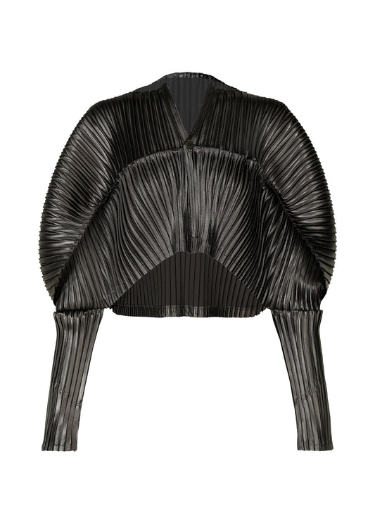 A product shot of the ISSEY MIYAKE GLOSSED METAL PLEATS cardigan in black (15).