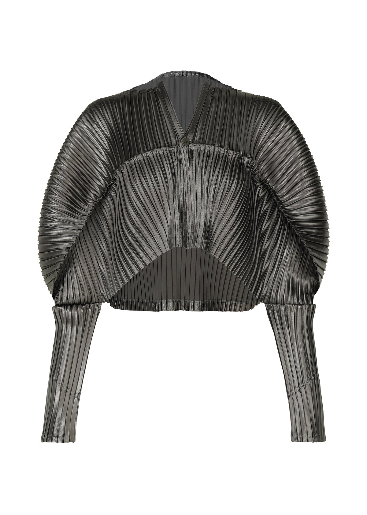 A product shot of the ISSEY MIYAKE GLOSSED METAL PLEATS cardigan in khaki (65).