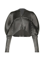 A product shot of the ISSEY MIYAKE GLOSSED METAL PLEATS cardigan in khaki (65).