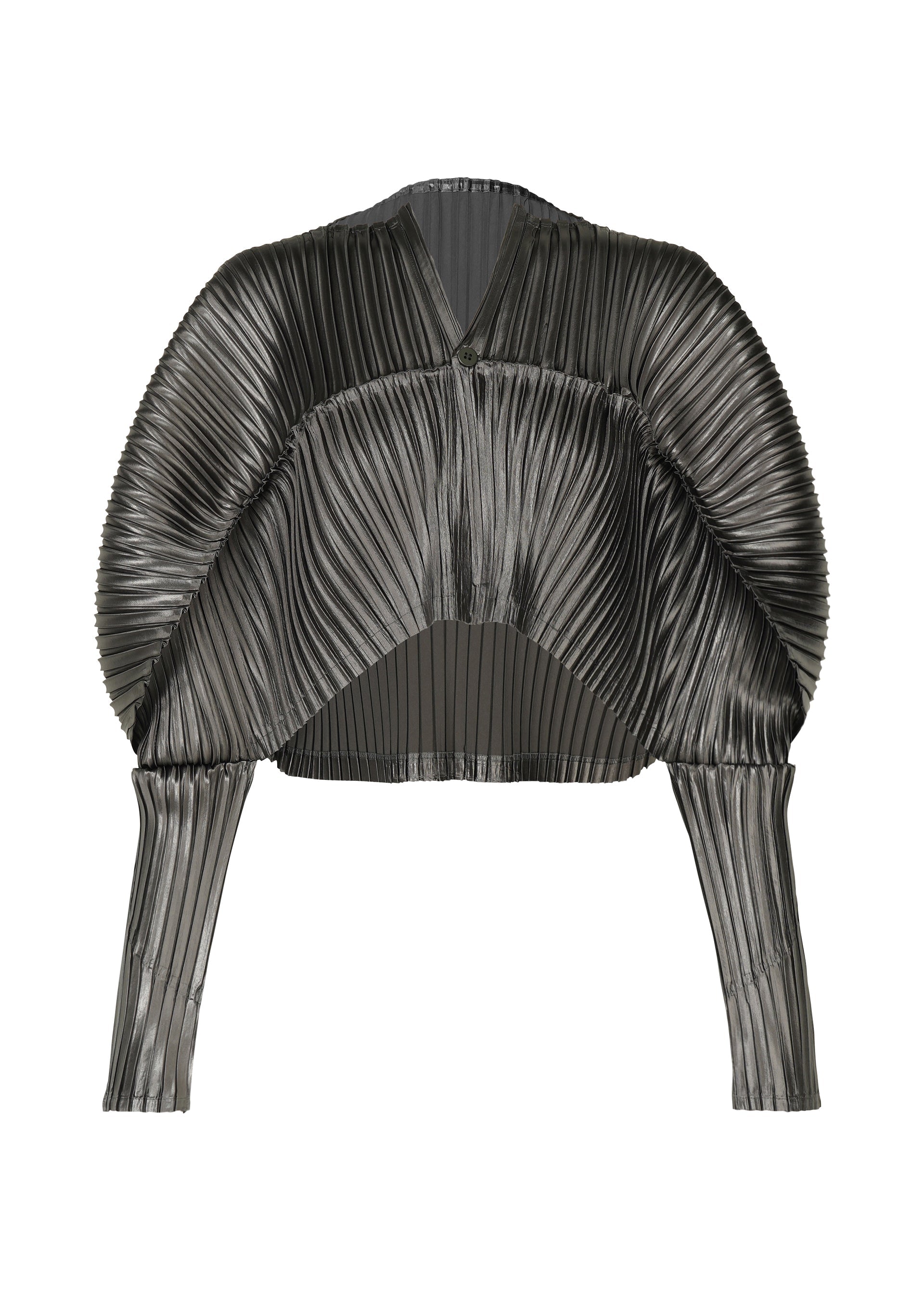 A product shot of the ISSEY MIYAKE GLOSSED METAL PLEATS cardigan in khaki (65).