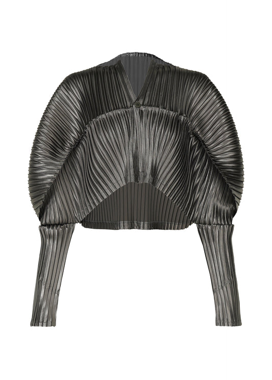 A product shot of the ISSEY MIYAKE GLOSSED METAL PLEATS cardigan in khaki (65).