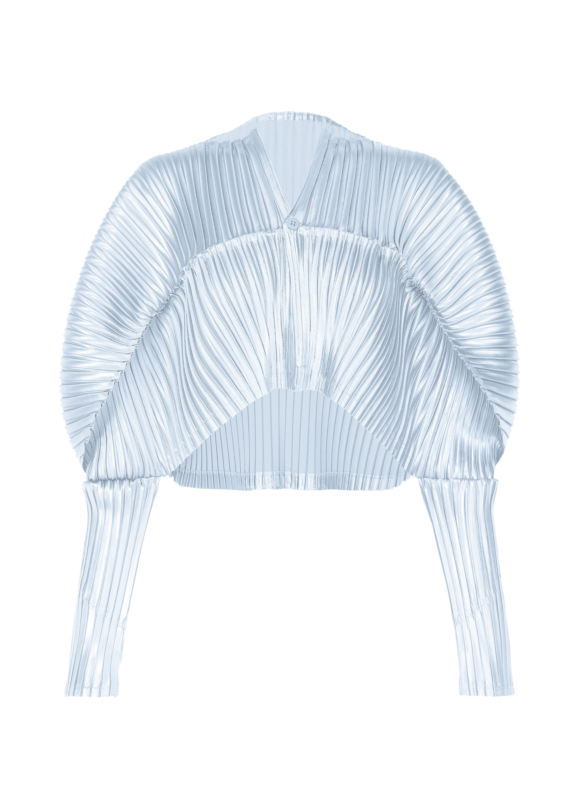A product shot of the ISSEY MIYAKE GLOSSED METAL PLEATS cardigan in pale blue (70).