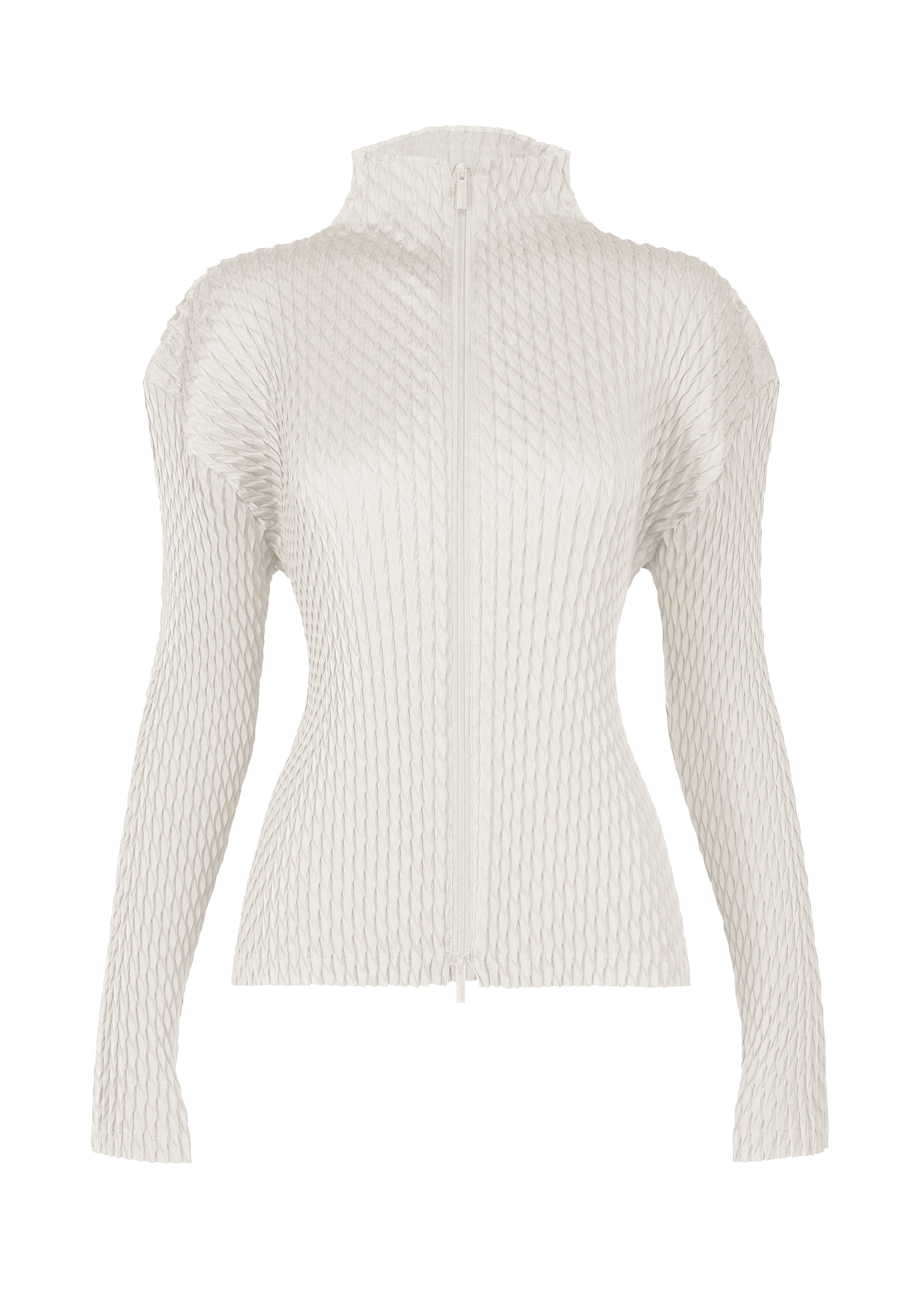A product shot of the ISSEY MIYAKE SLEEK PLEATS cardigan in white (01).