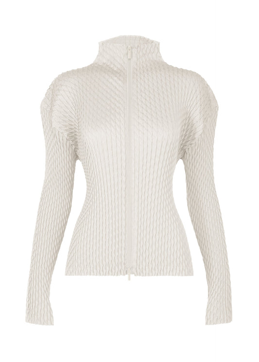 A product shot of the ISSEY MIYAKE SLEEK PLEATS cardigan in white (01).
