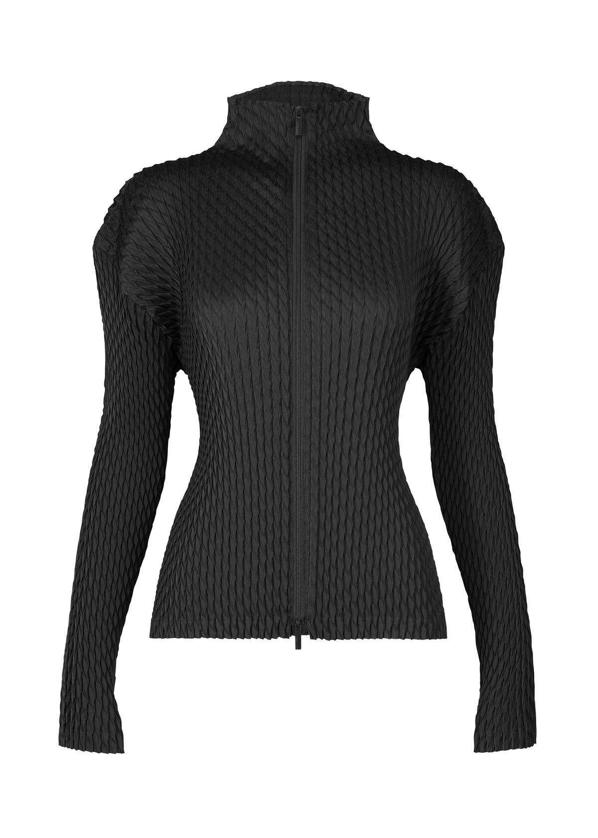 A product shot of the ISSEY MIYAKE SLEEK PLEATS cardigan in black (15).
