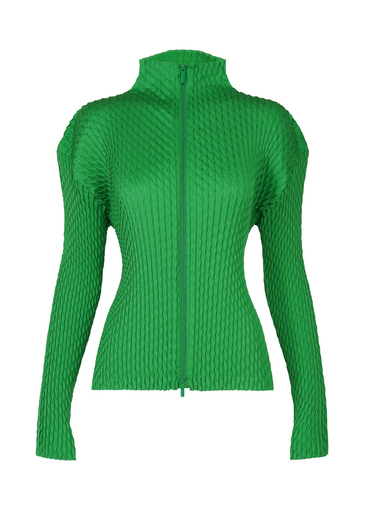 A product shot of the ISSEY MIYAKE SLEEK PLEATS cardigan in green (62).