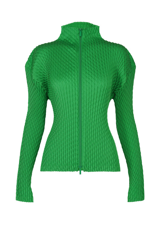 A product shot of the ISSEY MIYAKE SLEEK PLEATS cardigan in green (62).