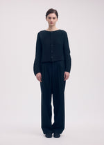 A model wears the ISSEY MIYAKE SHIFTED MISTY PLEATS clothing.