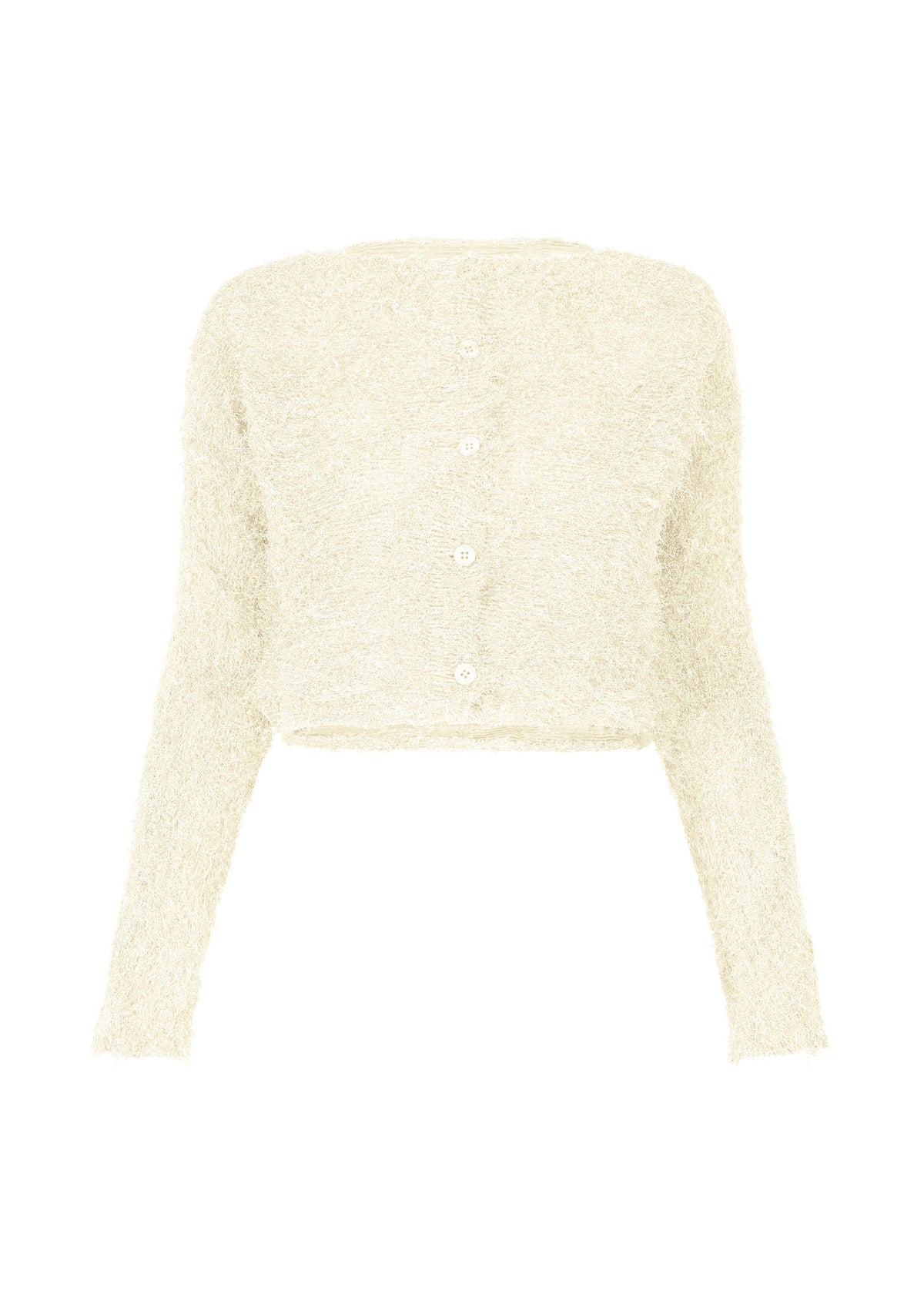 A product shot of the ISSEY MIYAKE SHIFTED FUZZY PLEATS cardigan in off-white (02).