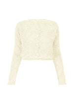 A product shot of the ISSEY MIYAKE SHIFTED FUZZY PLEATS cardigan in off-white (02).