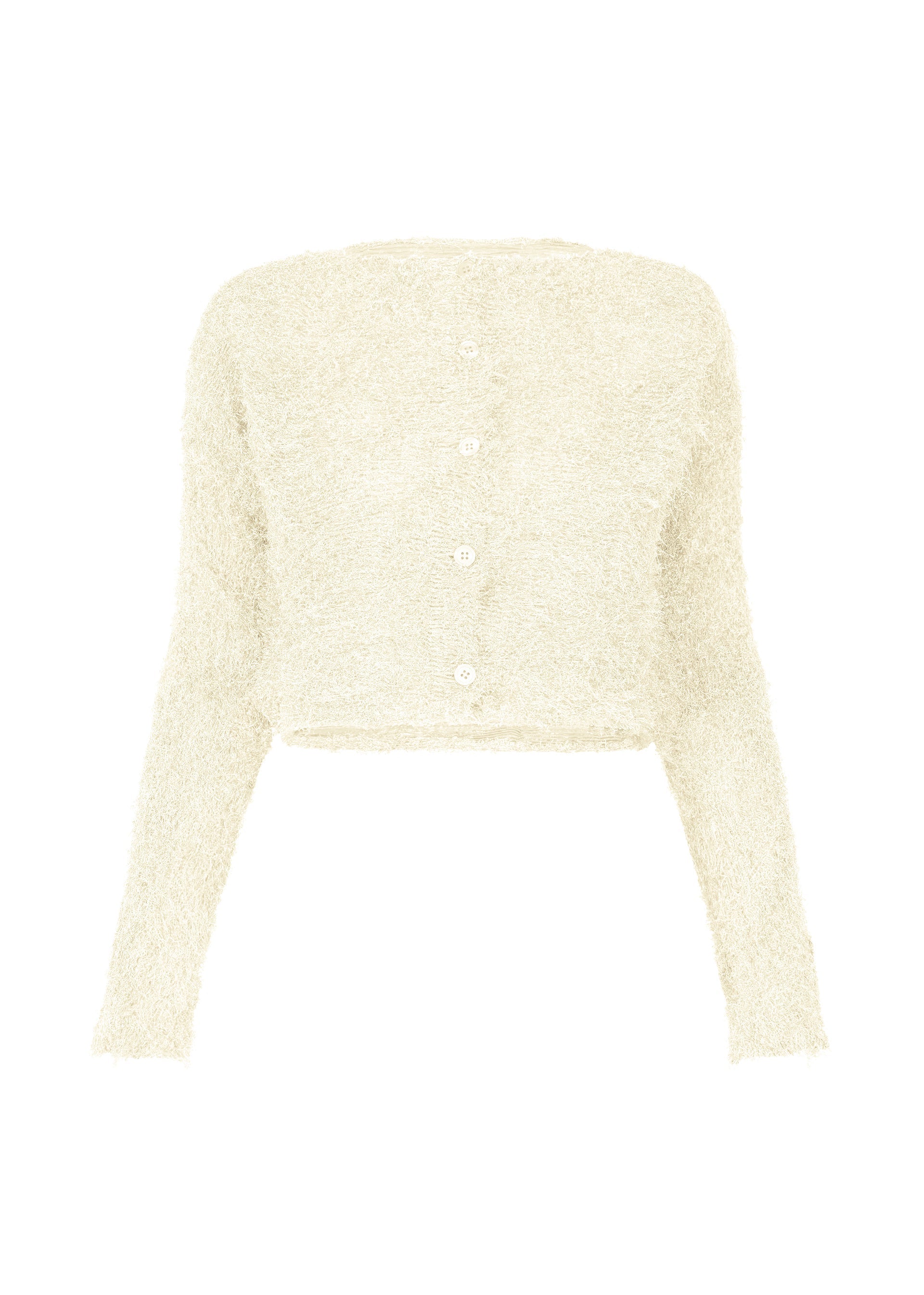 A product shot of the ISSEY MIYAKE SHIFTED FUZZY PLEATS cardigan in off-white (02).