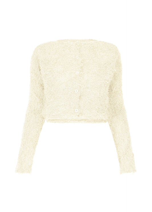 A product shot of the ISSEY MIYAKE SHIFTED FUZZY PLEATS cardigan in off-white (02).