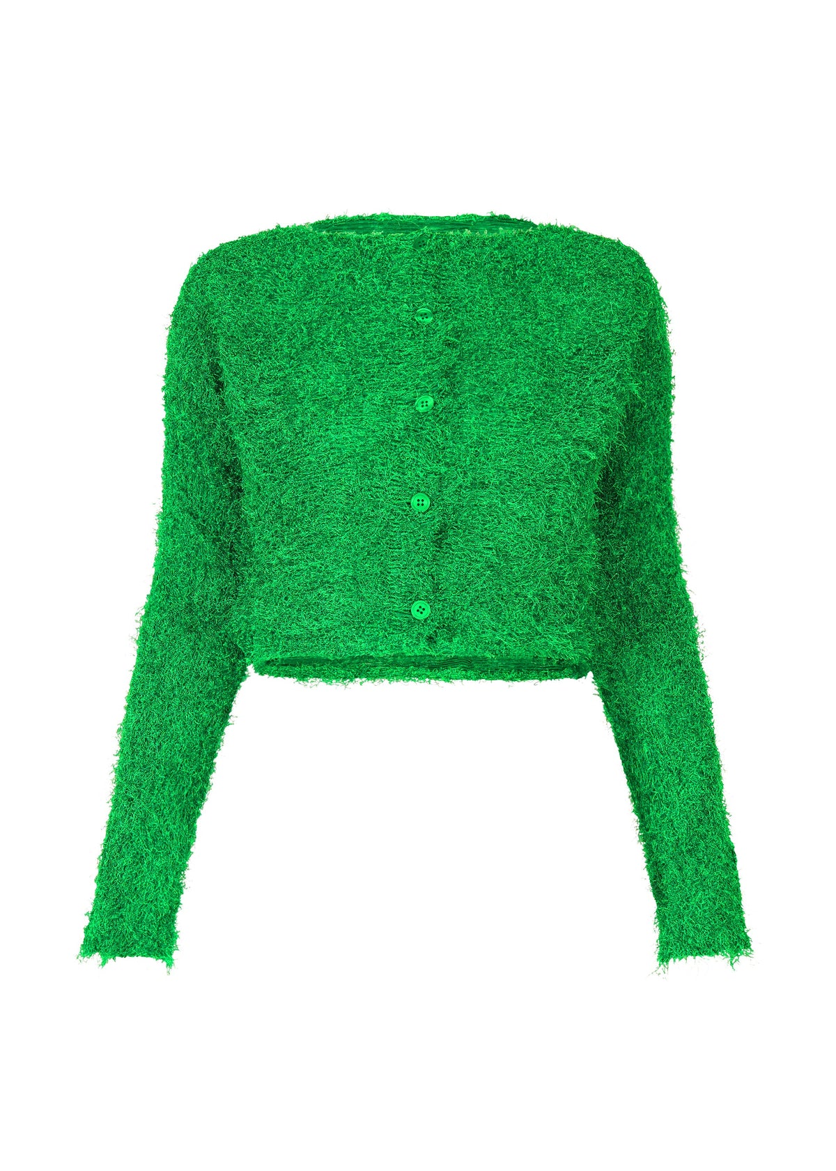 A product shot of the ISSEY MIYAKE SHIFTED FUZZY PLEATS cardigan in green (62).