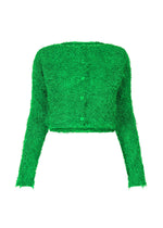 A product shot of the ISSEY MIYAKE SHIFTED FUZZY PLEATS cardigan in green (62).