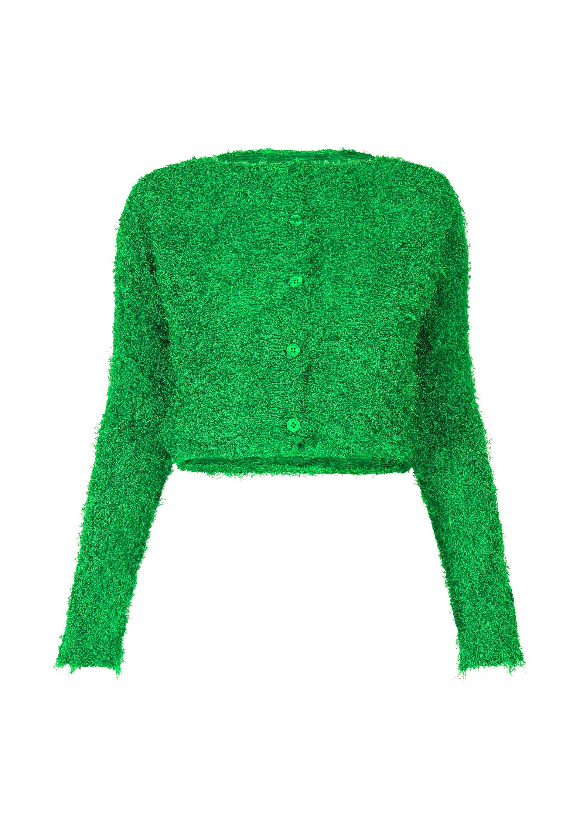 A product shot of the ISSEY MIYAKE SHIFTED FUZZY PLEATS cardigan in green (62).