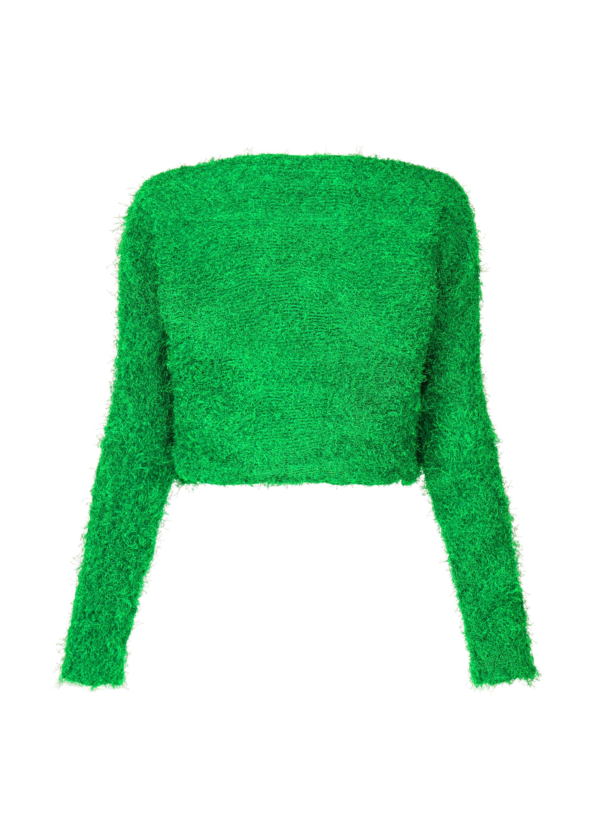 A detail shot of the ISSEY MIYAKE SHIFTED FUZZY PLEATS cardigan.