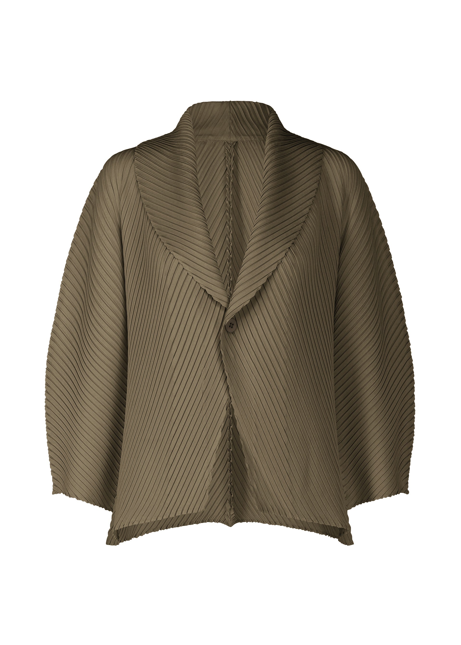 A product shot of the ISSEY MIYAKE SOFT FOLD PLEATS cardigan in khaki.