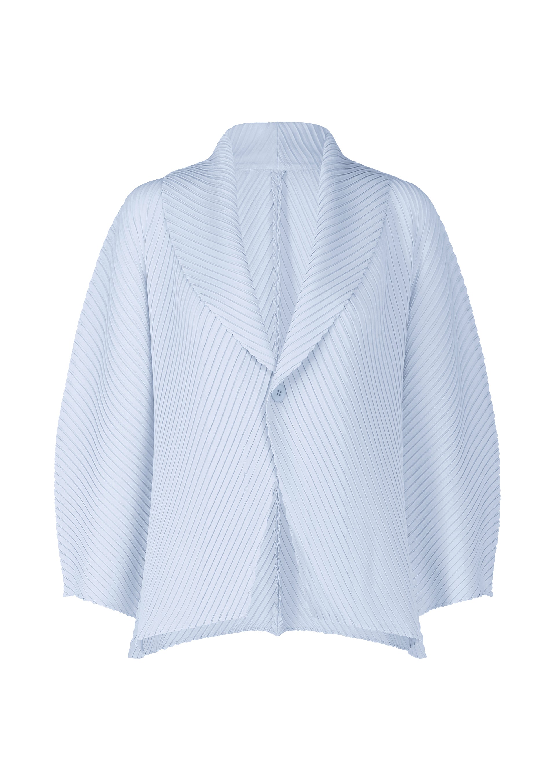 A product shot of the ISSEY MIYAKE SOFT FOLD PLEATS cardigan in light blue.