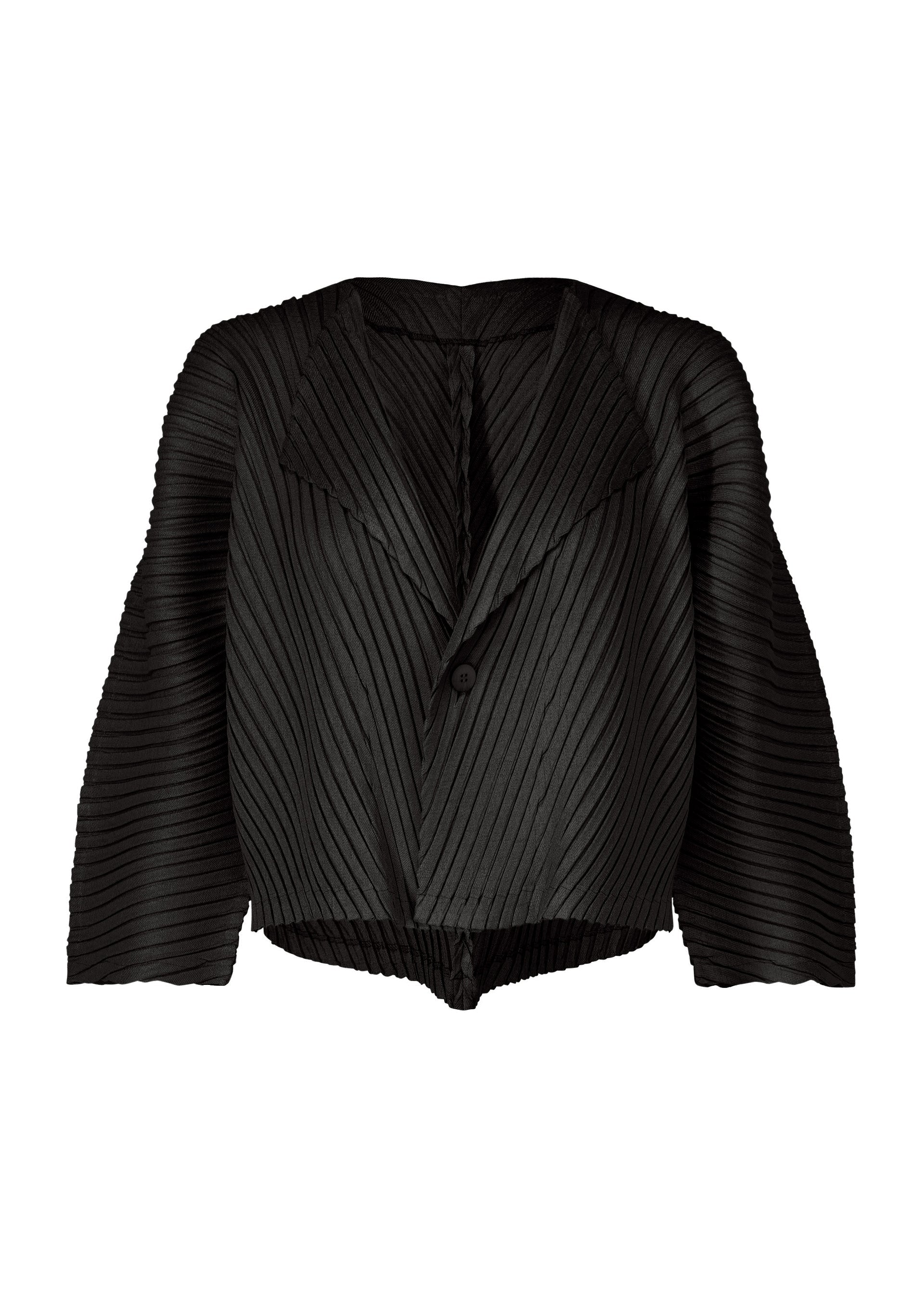 A product shot of the ISSEY MIYAKE LINEN LIKE PLEATS cardigan in black (15).