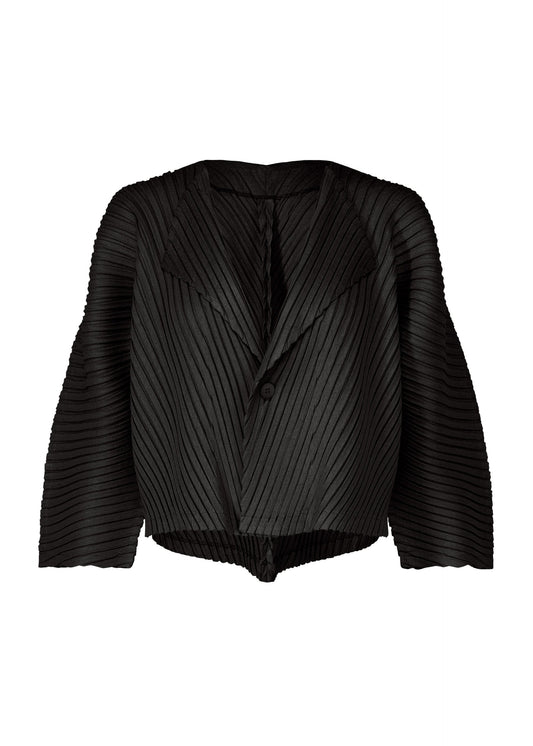 A product shot of the ISSEY MIYAKE LINEN LIKE PLEATS cardigan in black (15).