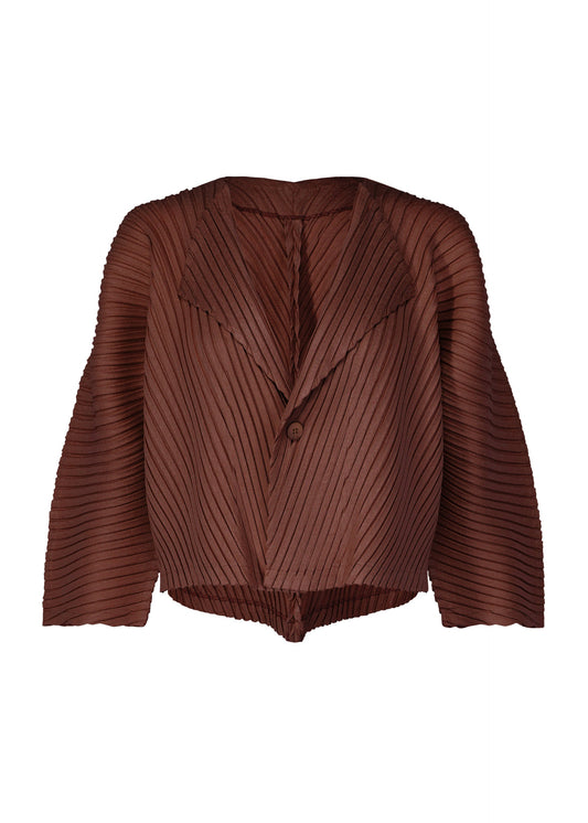 A product shot of the ISSEY MIYAKE LINEN LIKE PLEATS cardigan in dark brown (45).