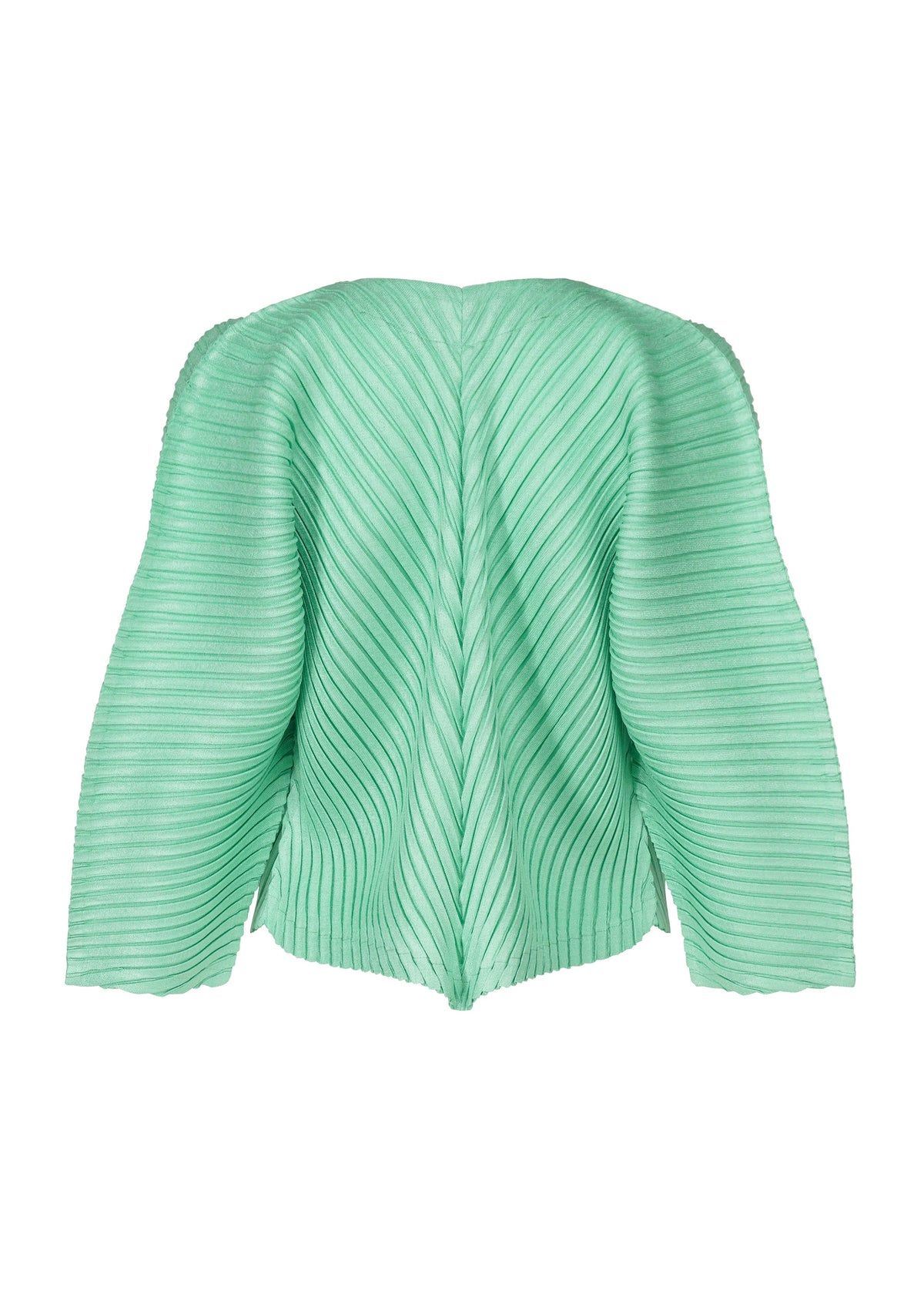 A detail shot of the ISSEY MIYAKE LINEN LIKE PLEATS cardigan.