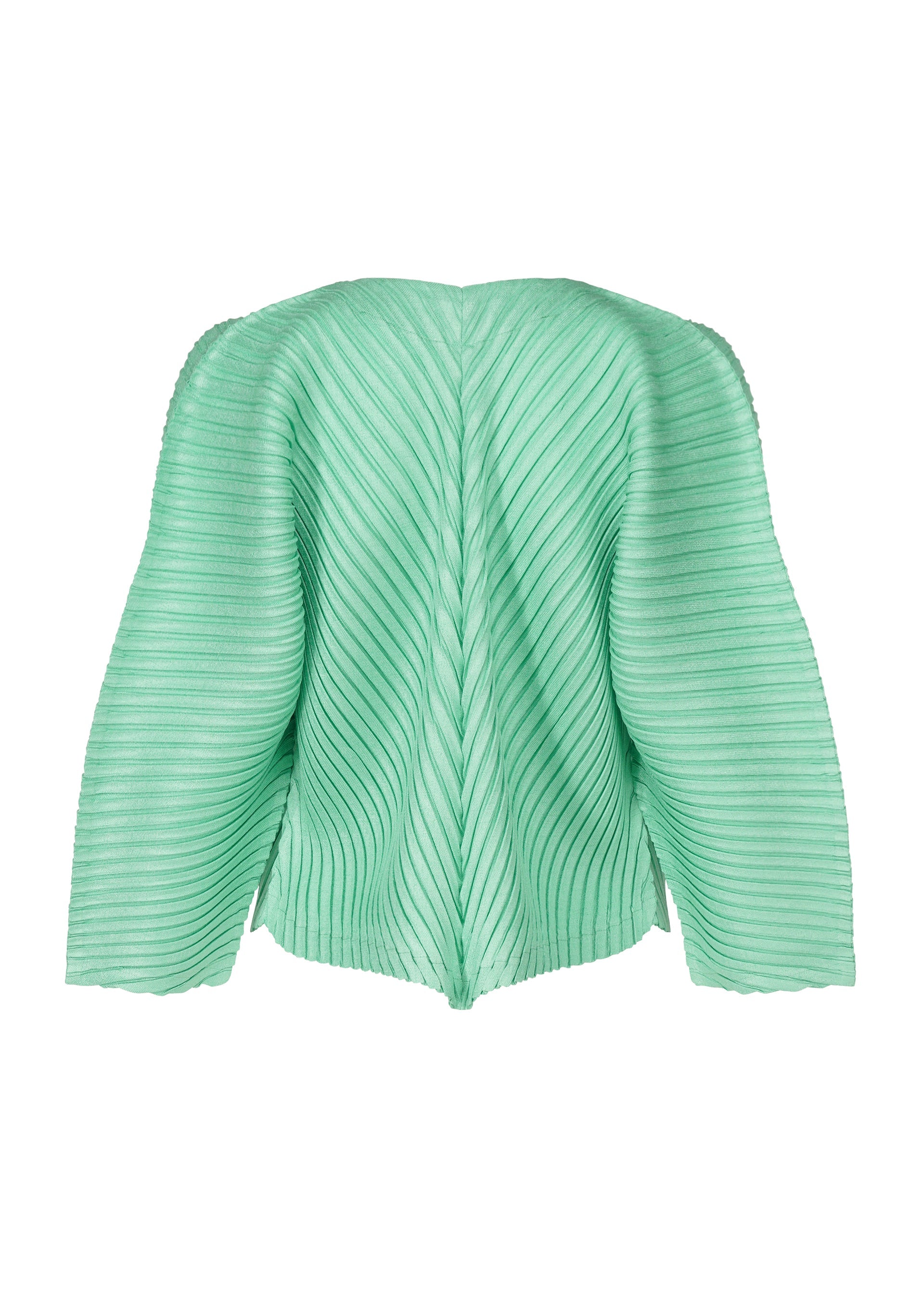 A detail shot of the ISSEY MIYAKE LINEN LIKE PLEATS cardigan.