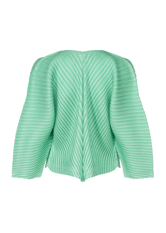 A detail shot of the ISSEY MIYAKE LINEN LIKE PLEATS cardigan.