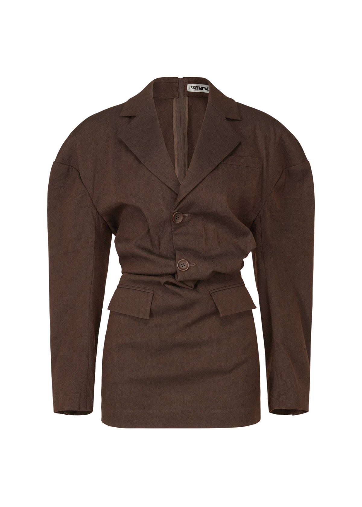 A product shot of the ISSEY MIYAKE LIKE TORSO LIKE BLAZER tunic in dark brown (45).