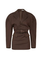 A product shot of the ISSEY MIYAKE LIKE TORSO LIKE BLAZER tunic in dark brown (45).