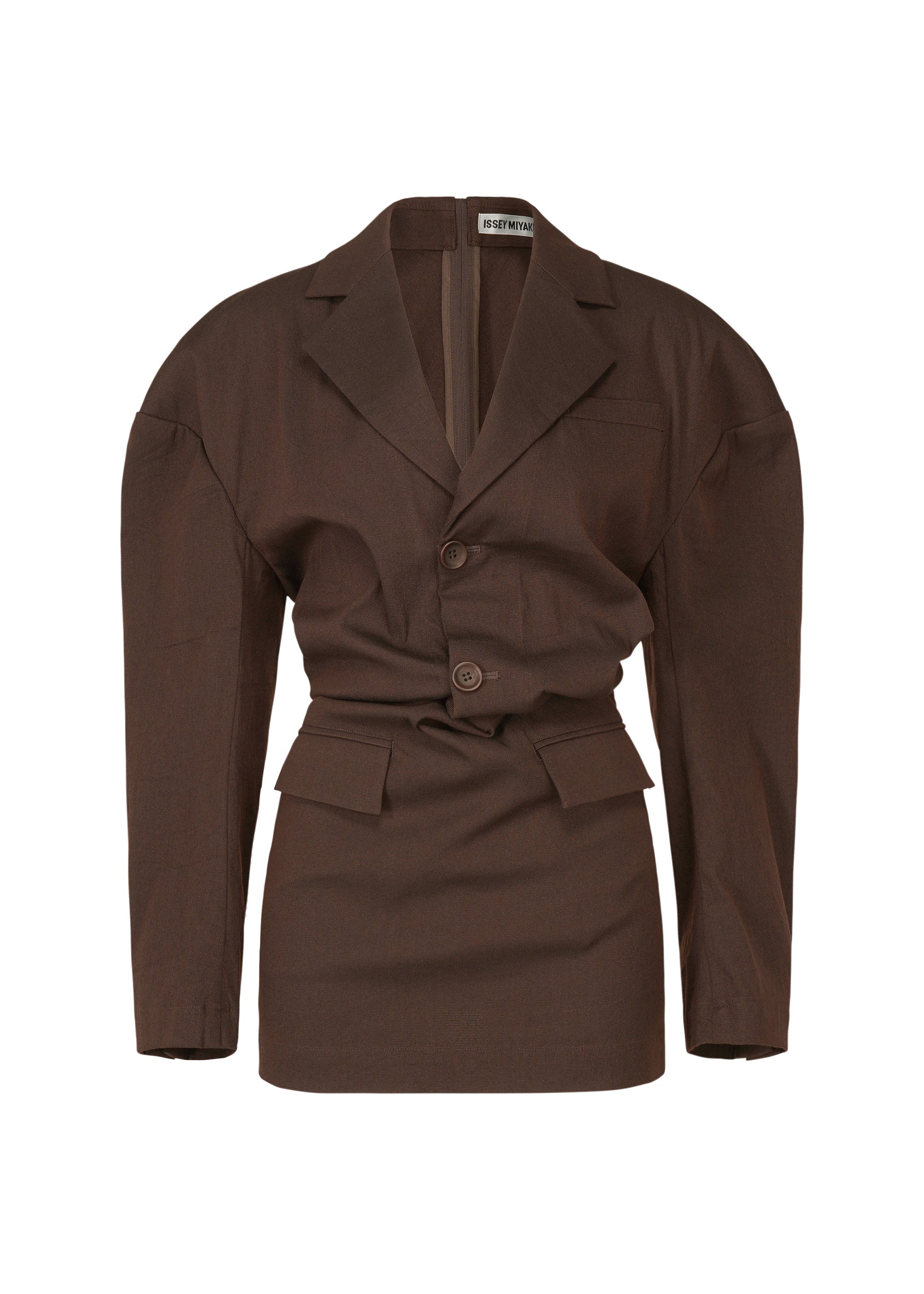 A product shot of the ISSEY MIYAKE LIKE TORSO LIKE BLAZER tunic in dark brown (45).