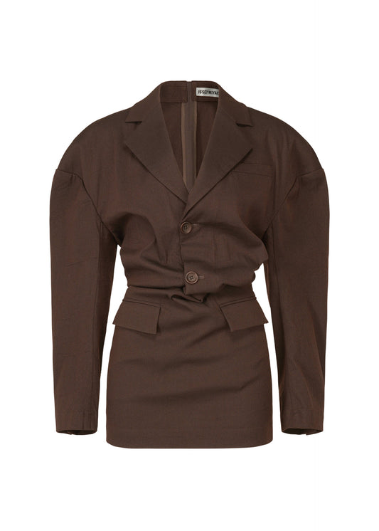 A product shot of the ISSEY MIYAKE LIKE TORSO LIKE BLAZER tunic in dark brown (45).