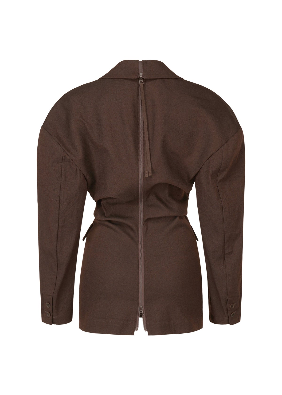 A detail shot of the ISSEY MIYAKE LIKE TORSO LIKE BLAZER tunic.