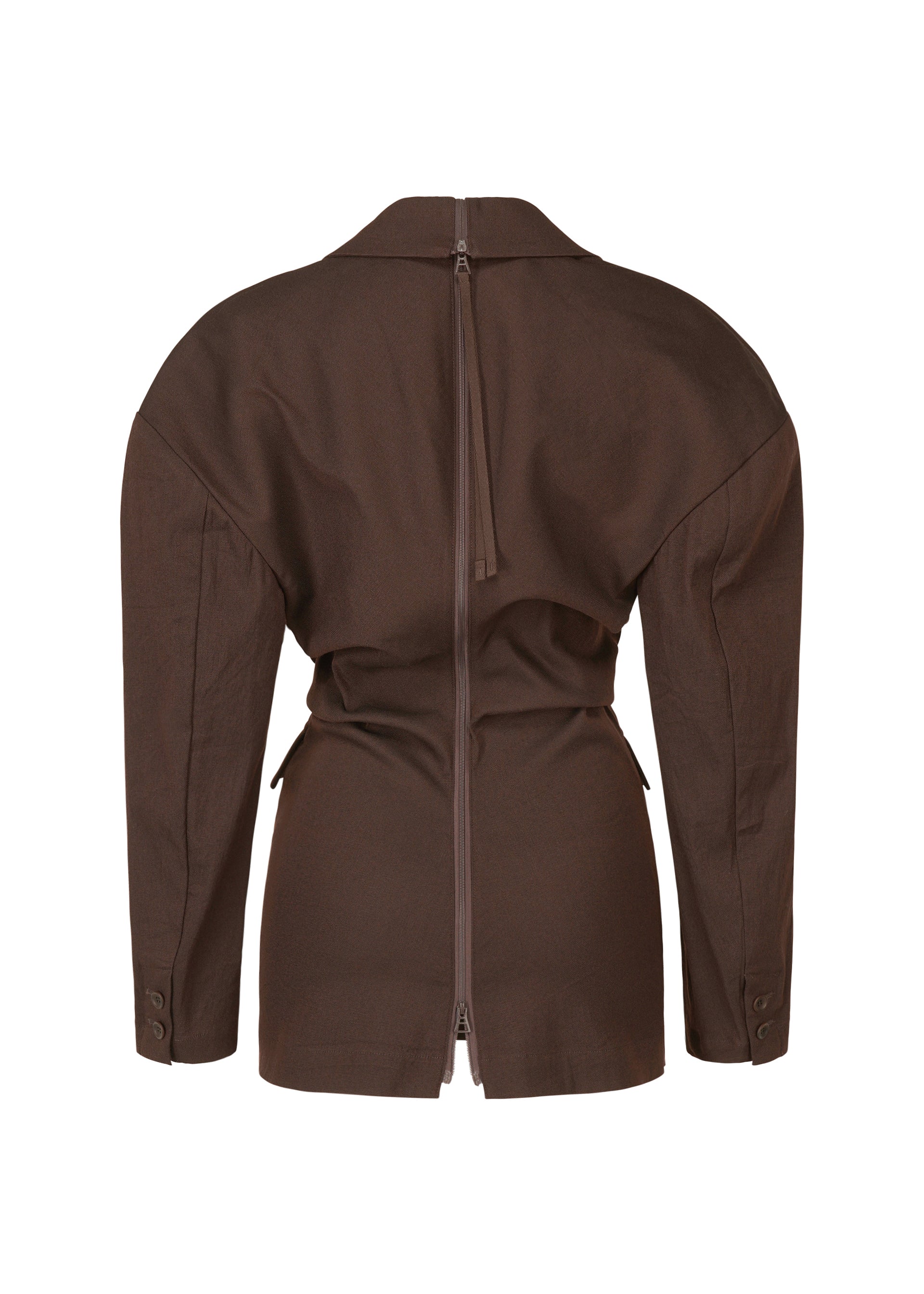 A detail shot of the ISSEY MIYAKE LIKE TORSO LIKE BLAZER tunic.