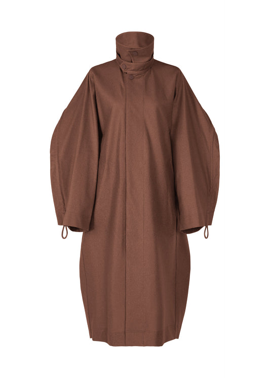 A product shot of the ISSEY MIYAKE HANG OR CARRY coat in dark brown (45).