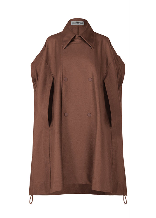 A product shot of the ISSEY MIYAKE HANG OR CARRY coat in dark brown (45).