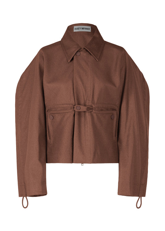 A product shot of the ISSEY MIYAKE HANG OR CARRY jacket in dark brown (45).